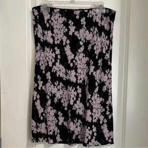 Y2K Floral Skirt Midi Knee Length Silk Black Pink Large Petite